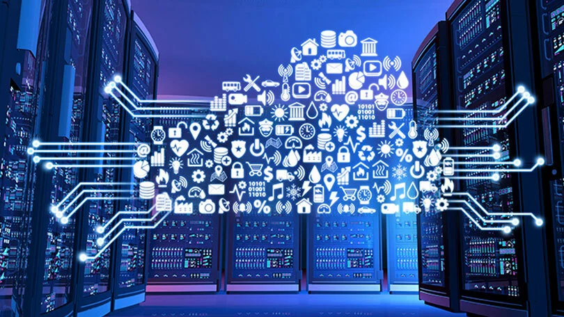 illustration of cloud with icons and server racks