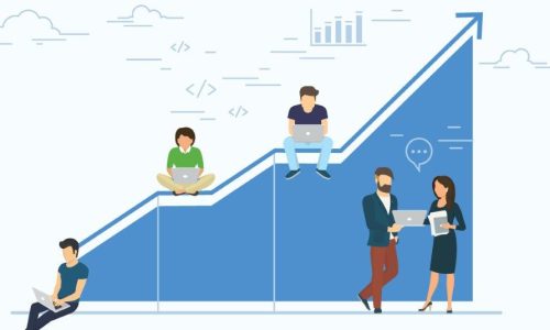 Growth-strategies-for-marketing_featured-image illustration of people using computer with a growing line graph in the background.